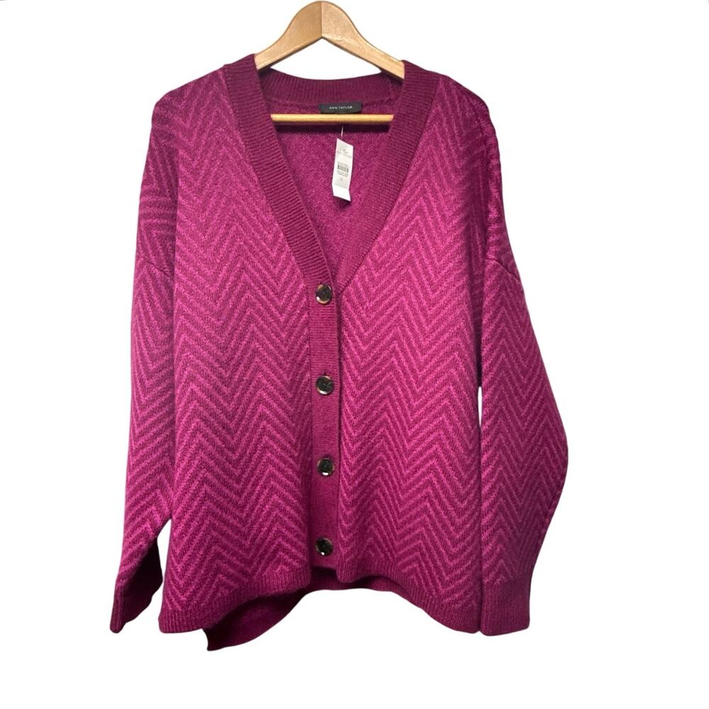 Ann Taylor Womens XL Cardigan Pink Herringbone V Neck Button Front Preppy NWT